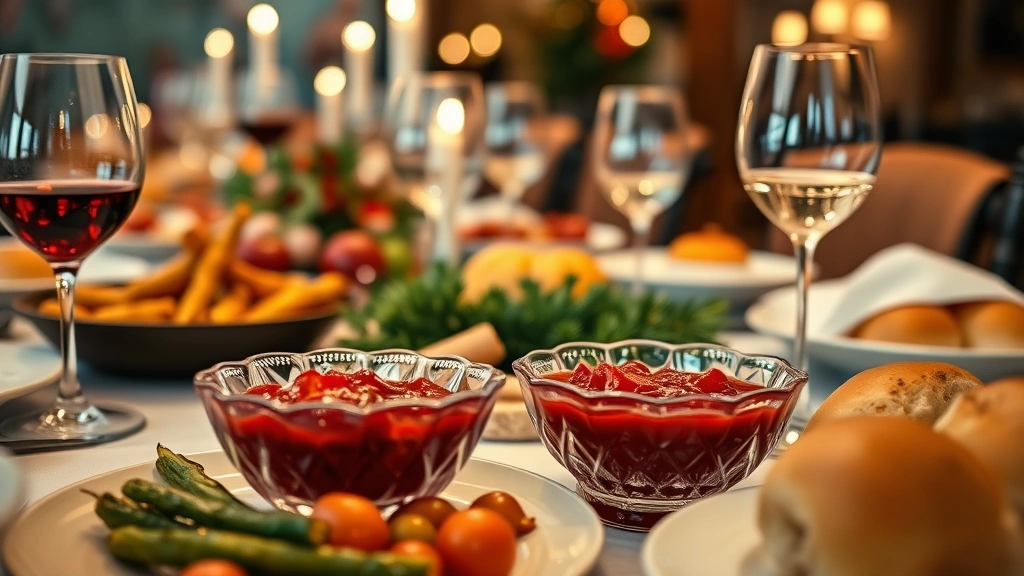 Family-style Thanksgiving table spread with roasted vegetables, cranberry sauce in crystal bowl, herb-buttered rolls, and wine glasses, warm candlelit restaurant setting, shallow depth of field