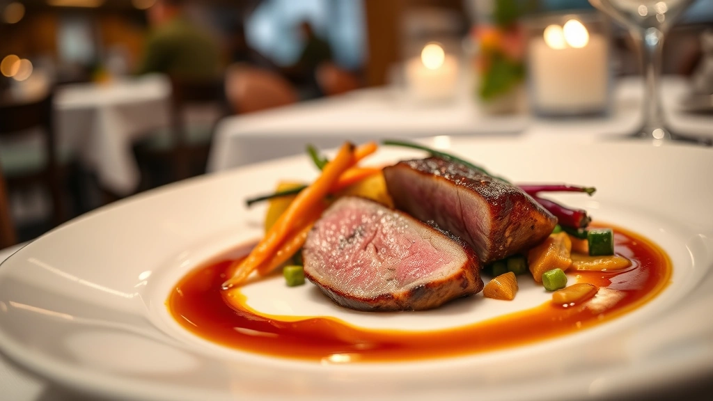 Artfully plated fine dining dish with seared duck breast, seasonal vegetables, and glossy sauce reduction on white ceramic plate, soft warm lighting, professional restaurant setting, shallow depth of field