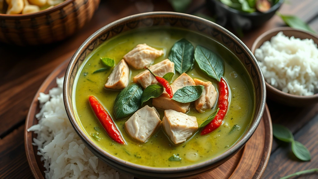 Steaming bowl of authentic Thai green curry with coconut milk, fresh basil leaves, sliced chicken, and Thai chilies, served with jasmine rice, wooden table, natural daylight, aromatic presentation