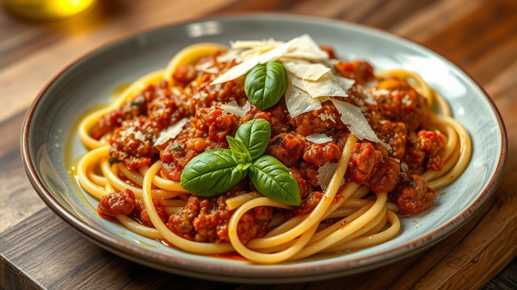 Rustic Italian pasta dish featuring handmade tagliatelle with rich Bolognese sauce, fresh parmesan shavings, basil leaf garnish, olive oil drizzle, wooden serving surface, warm ambient lighting, close-up food photography