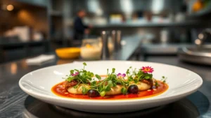 Artfully plated fine dining dish with microgreens, edible flowers, and sophisticated sauce work on white plate, professional restaurant kitchen background, warm ambient lighting