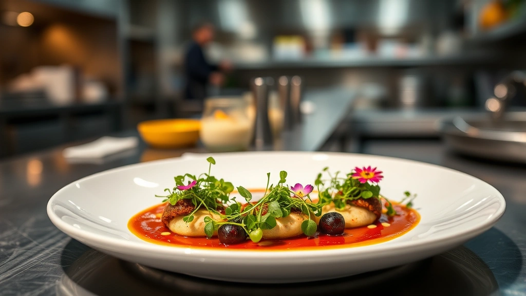 Artfully plated fine dining dish with microgreens, edible flowers, and sophisticated sauce work on white plate, professional restaurant kitchen background, warm ambient lighting