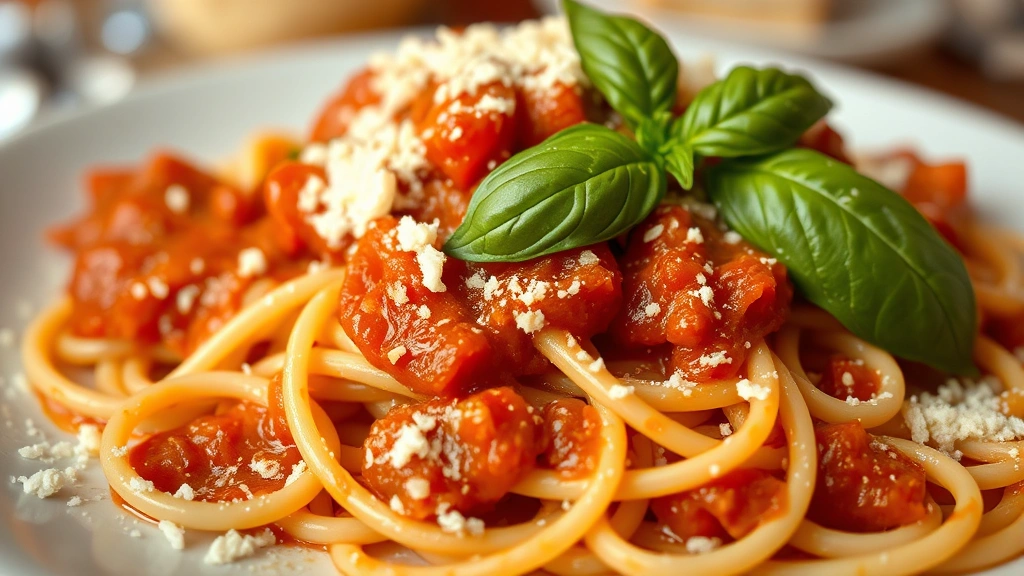 Fresh handmade pasta strands with rich tomato sauce, basil leaf garnish, grated Parmigiano-Reggiano, shallow depth of field emphasizing texture, Italian restaurant setting
