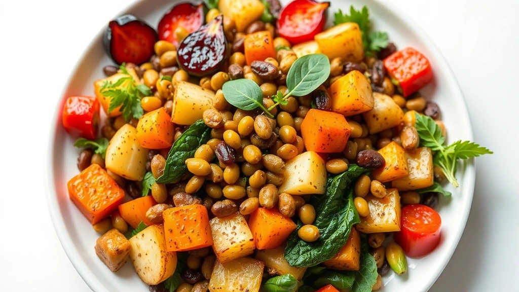 Vibrant vegetable-forward plate featuring roasted seasonal vegetables, legumes, and herbs arranged with careful precision, natural lighting highlighting colors and textures, plant-based cuisine focus