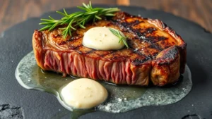 Montana grass-fed ribeye steak, perfectly seared with golden crust, medium-rare interior, garnished with fresh rosemary sprigs and fleur de sel, served on warm slate plate with compound butter melting across surface