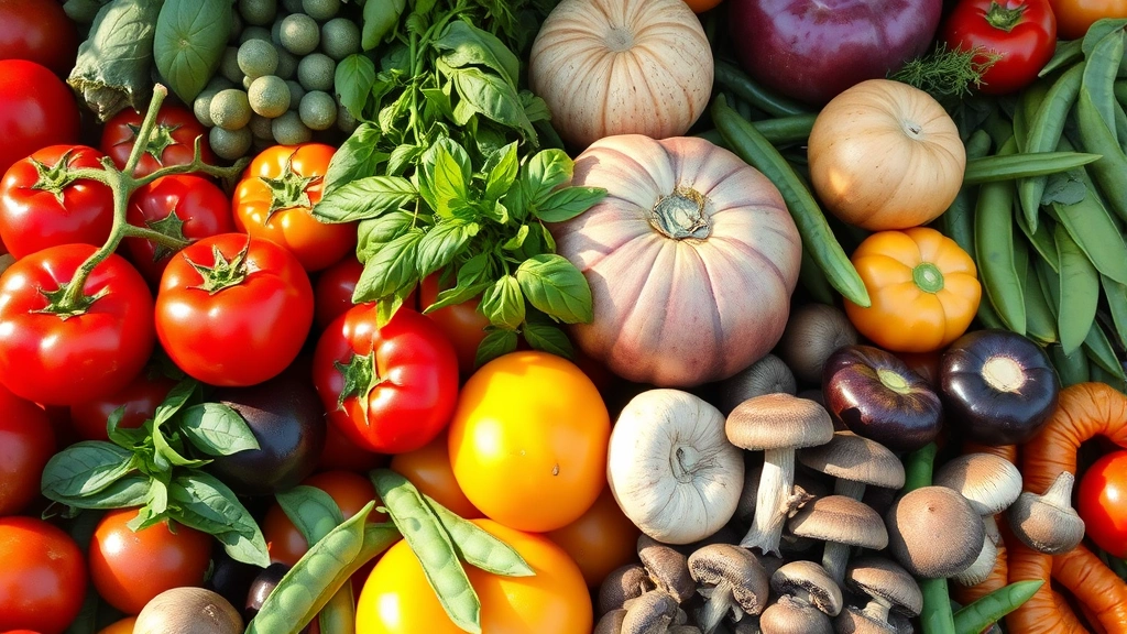 Vibrant farmer's market display with heirloom tomatoes in varied colors, fresh basil, spring peas in pods, wild mushrooms, and seasonal vegetables artfully arranged, morning sunlight highlighting textures and colors