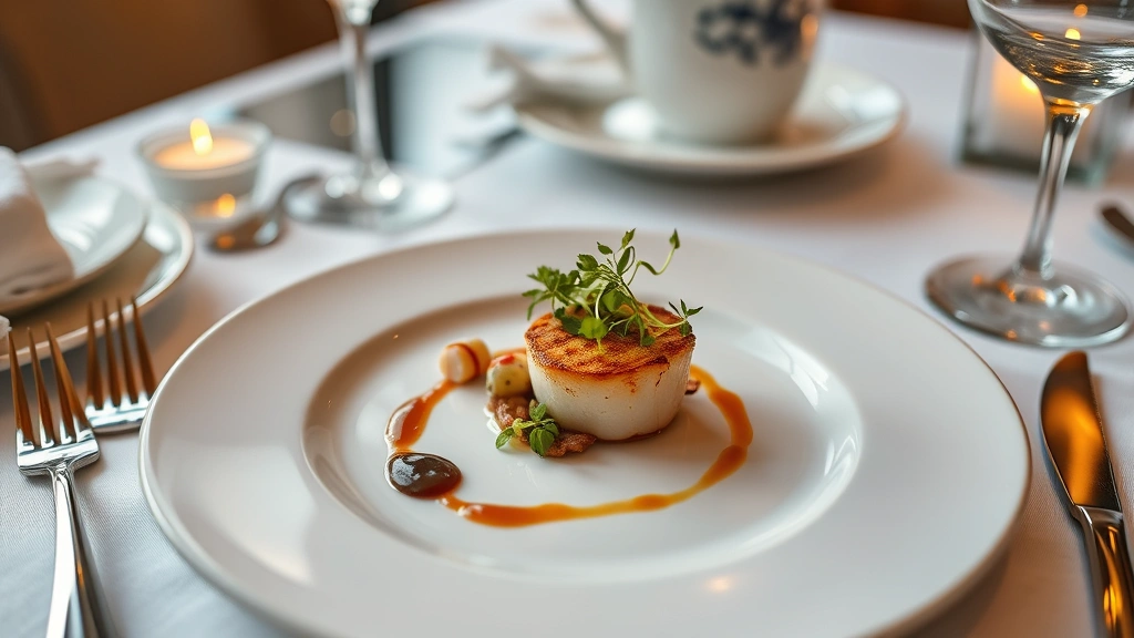 Elegant fine dining table setting with white plate containing artistic food composition: seared scallop, colorful vegetable microgreens, delicate sauce drizzle, fine dining plating with negative space, soft warm lighting reflecting off glassware
