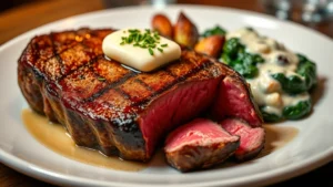 Perfectly seared ribeye steak with golden crust, medium-rare pink interior, topped with herb butter, served on white plate with roasted vegetables and creamed spinach, professional steakhouse presentation, warm lighting