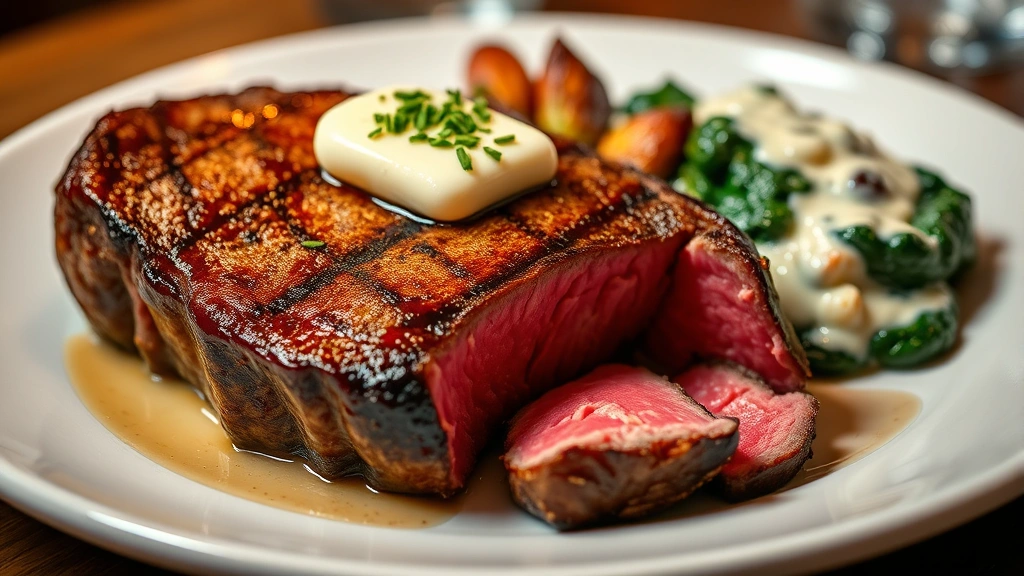 Perfectly seared ribeye steak with golden crust, medium-rare pink interior, topped with herb butter, served on white plate with roasted vegetables and creamed spinach, professional steakhouse presentation, warm lighting