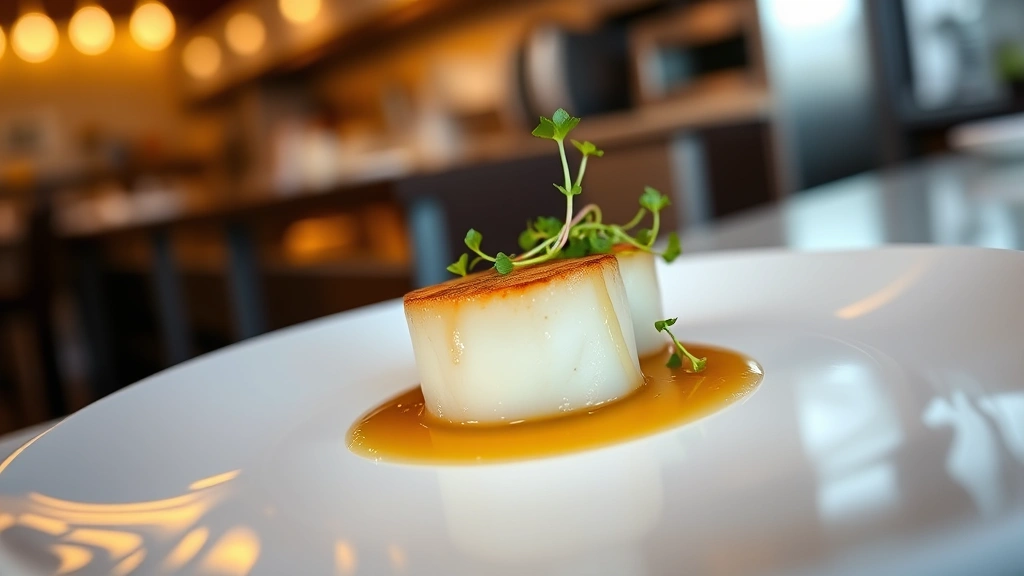 Elegant multi-course fine dining plate featuring seared scallop with brown butter sauce, microgreens, artistic plating on modern white ceramic, restaurant kitchen background, professional food photography