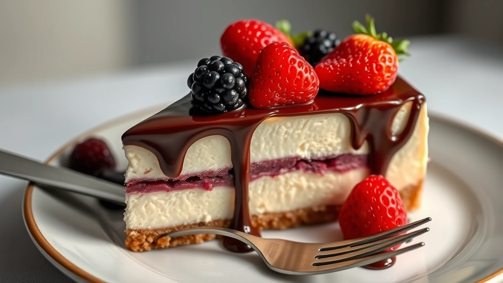 Decadent layered cheesecake slice with graham cracker crust, creamy filling, chocolate ganache drip, fresh berries on top, served on dessert plate with fork, soft bakery lighting, celebration dessert aesthetic