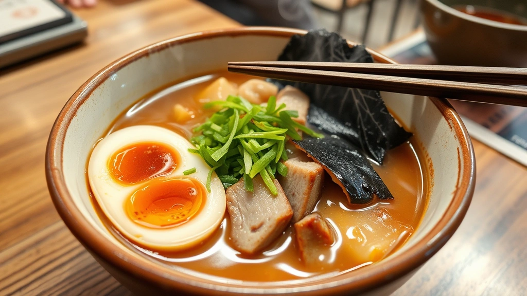 Authentic handmade ramen bowl with rich tonkotsu broth, tender chashu pork, soft-boiled egg with jammy yolk, fresh scallions and nori, steam rising from ceramic bowl, chopsticks resting on bowl rim, authentic Japanese restaurant setting