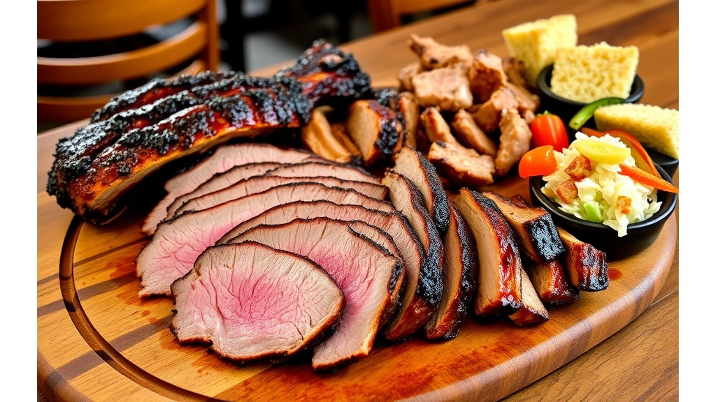 Rustic barbecue platter featuring smoky brisket slices with pink smoke ring, fall-off-bone ribs with charred edges, pulled pork, cornbread wedges, coleslaw, and pickled vegetables, wooden serving board, rustic Americana restaurant ambiance, natural lighting