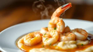 Perfectly plated shrimp and grits with creamy stone-ground grits, succulent pink shrimp, and rich sauce garnished with fresh herbs, steam rising, soft warm lighting, close-up food photography