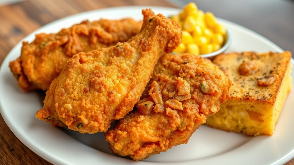 Golden-brown fried chicken pieces with crispy exterior and herb-infused crust, arranged on white plate with sides of creamed corn and buttered cornbread, rustic Southern dining aesthetic
