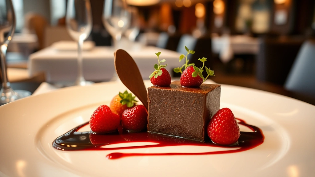 Elegant fine dining plated dessert with chocolate element, fresh berries, microgreens, artistic sauce drizzle, fine china, soft ambient restaurant lighting, sophisticated culinary presentation