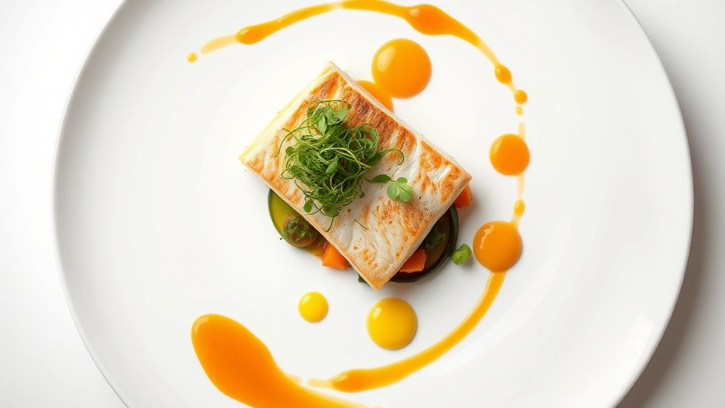 Overhead shot of an elegantly plated fine dining course featuring seared fish fillet with microgreens, colorful vegetable puree, and artistic sauce swirls on white porcelain, professional restaurant kitchen style