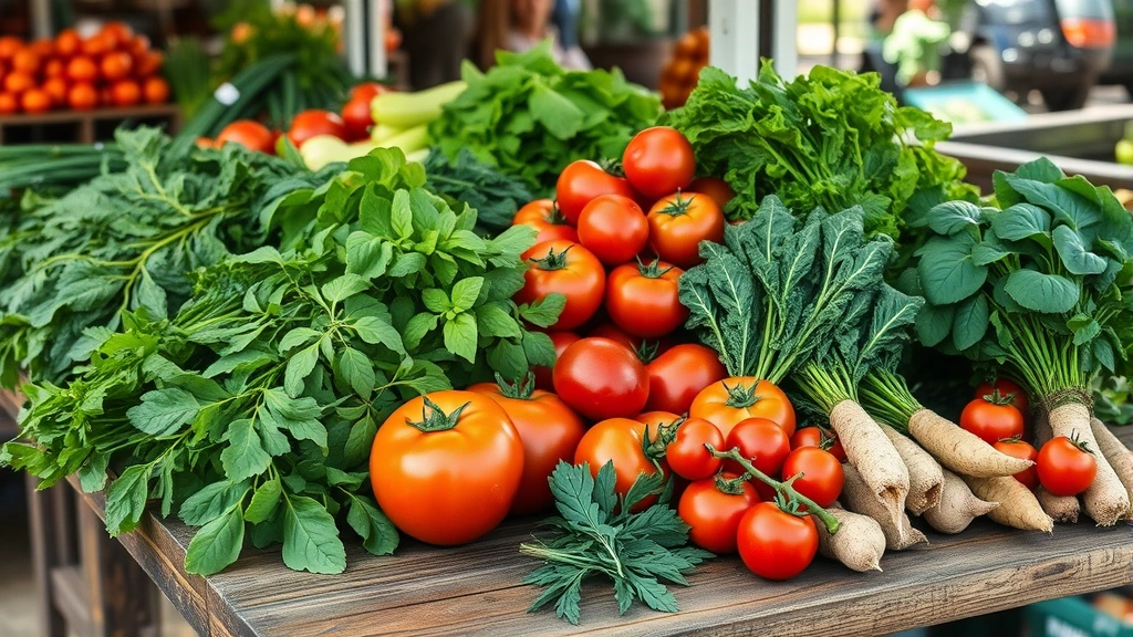Rustic wooden table laden with fresh local produce including heirloom tomatoes, leafy greens, root vegetables, and herbs at a farmers market, natural sunlight, farm-to-table aesthetic