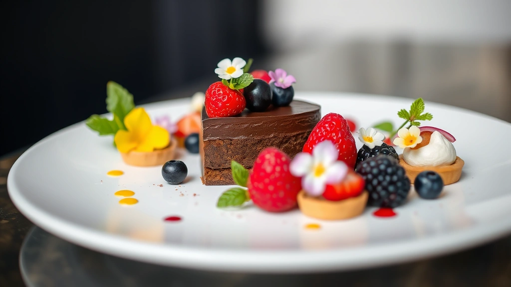 Artfully arranged dessert plate featuring chocolate torte, fresh berries, edible flowers, and delicate pastry components with careful color composition, fine dining presentation, shallow depth of field