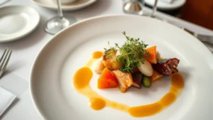 Overhead shot of a perfectly plated fine dining dish with seasonal vegetables, microgreens, and elegant sauce drizzle on white porcelain, soft natural lighting, restaurant table setting with wine glass in background