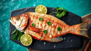 Overhead view of perfectly grilled whole red snapper with charred skin, fresh lime wedges, cilantro sprigs, and sea salt crystals on a dark slate plate against turquoise ocean background