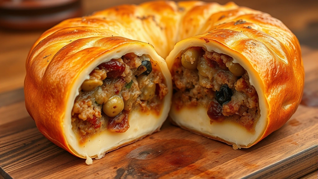 Close-up of traditional keshi yena—hollowed Edam cheese filled with seasoned meat, raisins, olives, baked until golden, cross-section showing melted cheese and rich filling against warm wooden table