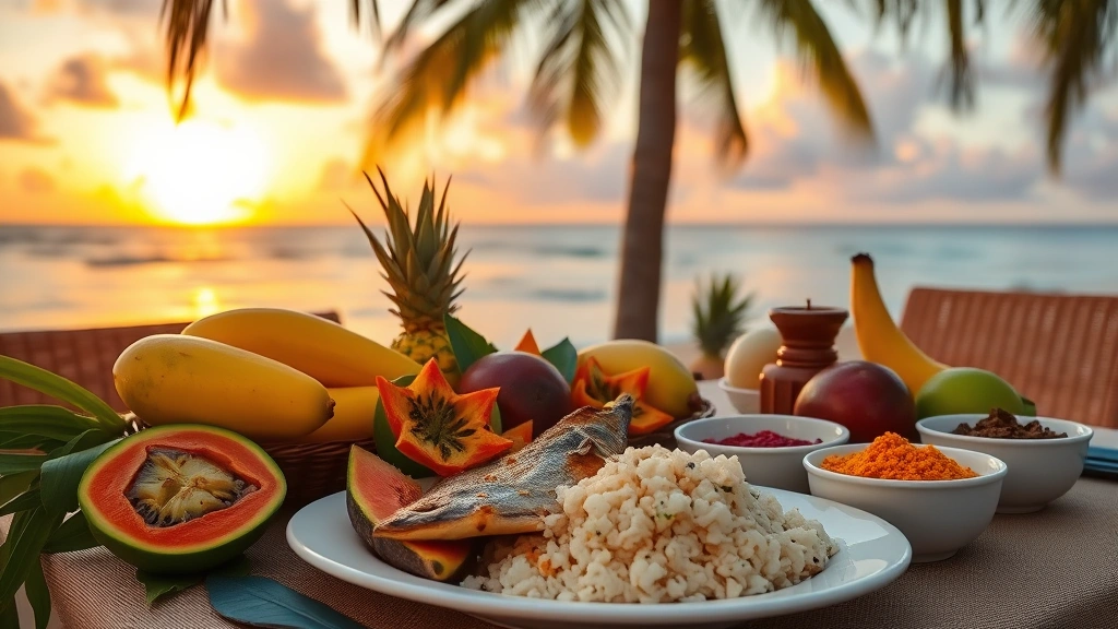 Vibrant Caribbean sunset dinner setting with fresh tropical fruits including mango, papaya, passion fruit arranged artfully, grilled fish fillet, coconut rice, and colorful local spices in small bowls, ocean visible behind