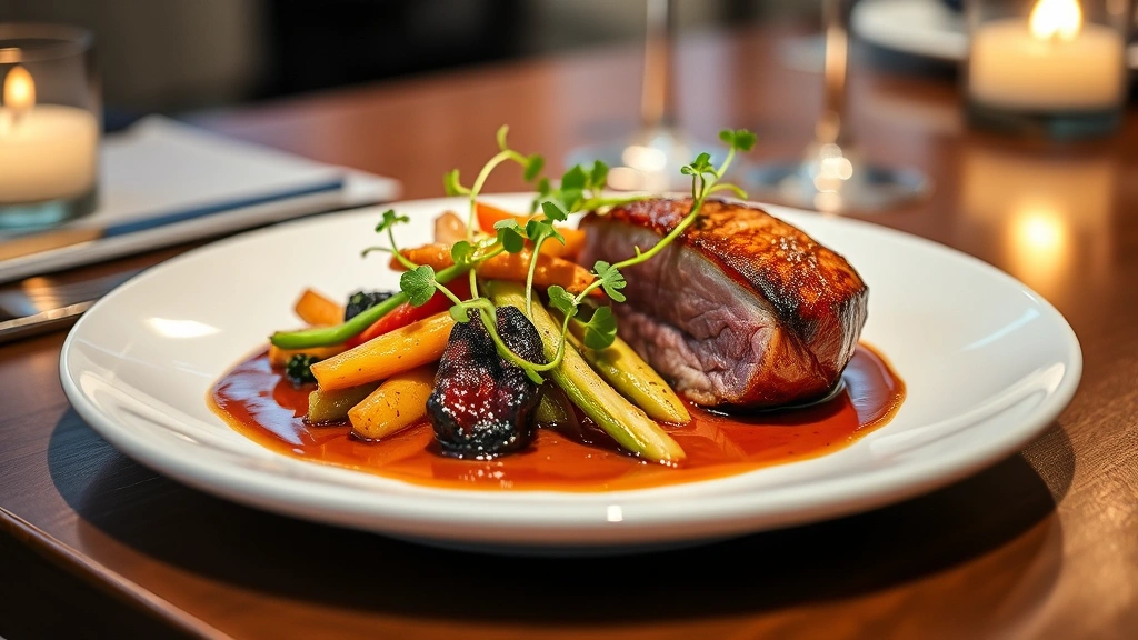 Artfully plated contemporary British fine dining dish featuring perfectly seared duck breast with seasonal vegetables, microgreens, and glossy jus reduction on white ceramic plate, professional restaurant lighting, shallow depth of field