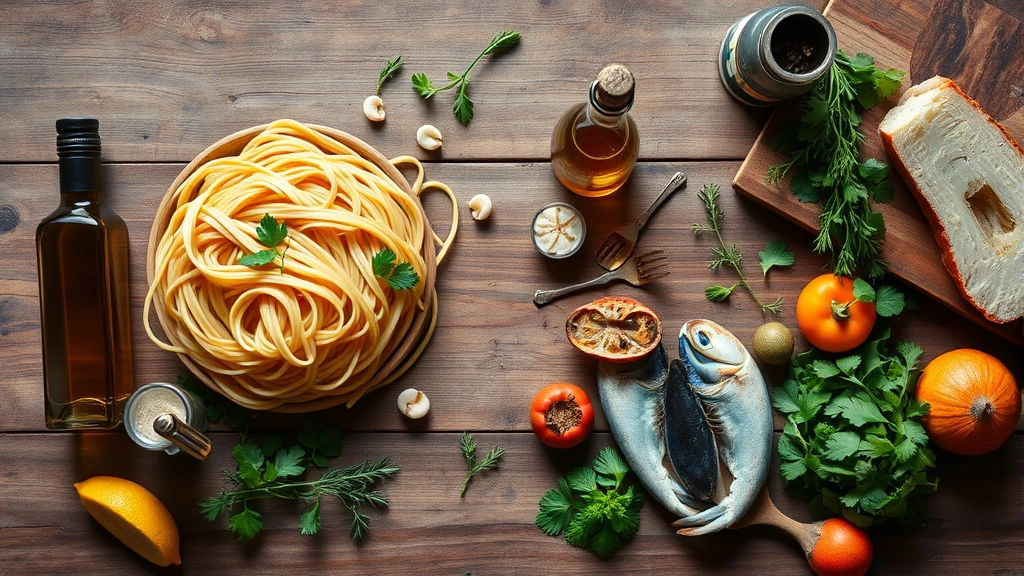 Overhead flat lay composition of Bristol restaurant scene: fresh pasta, olive oil bottle, herbs, seafood, and local produce arranged on rustic wooden surface, warm natural lighting, authentic culinary styling