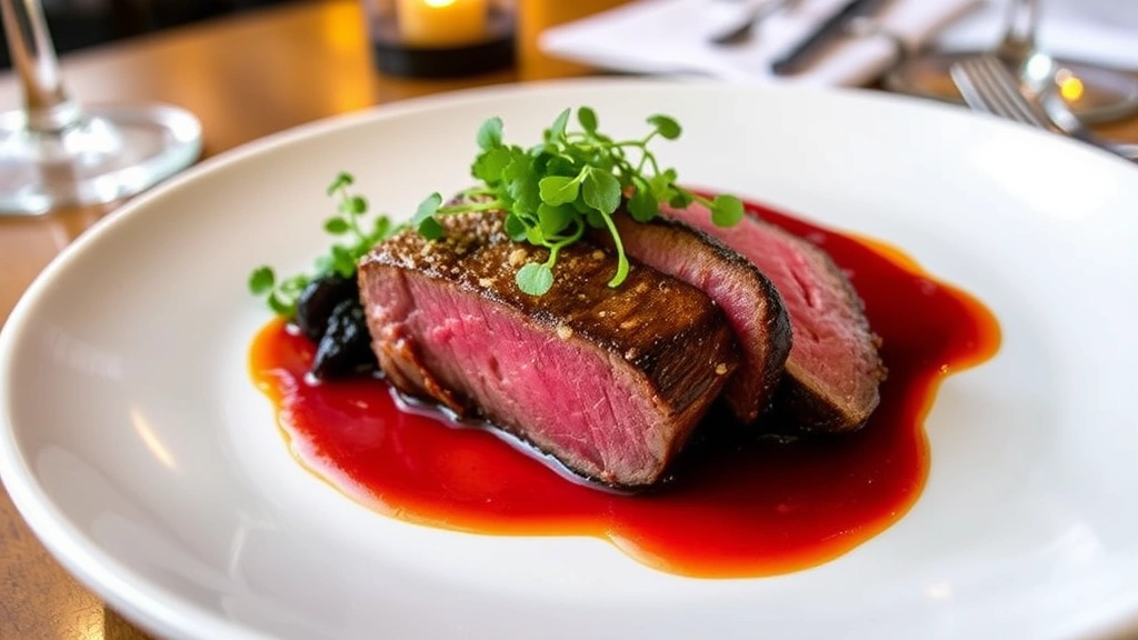 Perfectly seared duck breast with cherry gastrique reduction, microgreens, and elegant plating on white ceramic plate, warm restaurant lighting