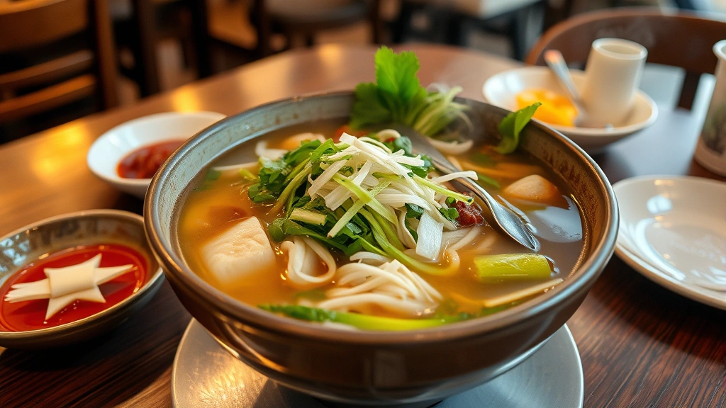 Steaming bowl of Vietnamese pho with aromatic broth, fresh herbs, rice noodles, and traditional accompaniments in authentic restaurant setting