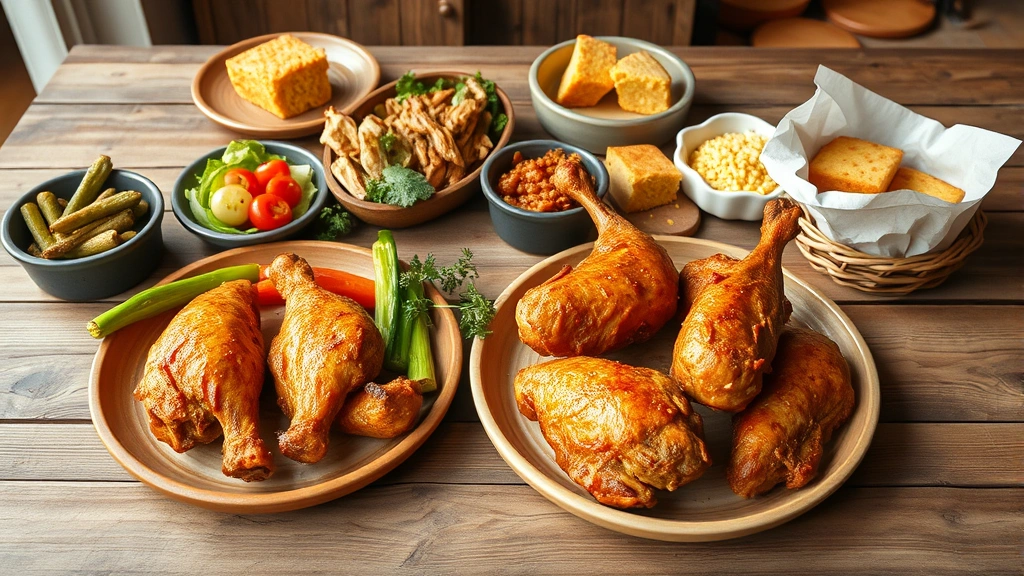 Rustic wooden table laden with Southern comfort food spread including fried chicken with crispy golden skin, fresh vegetables, and cornbread, farmhouse style lighting