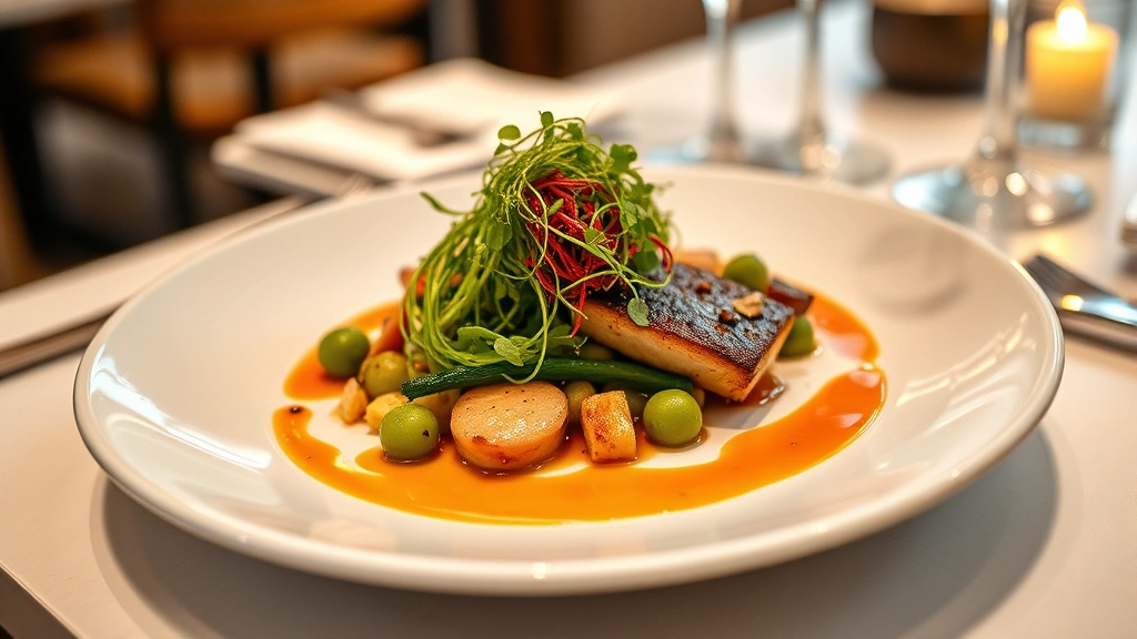 Elegantly plated contemporary American dish featuring seasonal vegetables, microgreens, and protein with artistic sauce presentation on white ceramic plate, fine dining restaurant setting with soft lighting and blurred wine glasses in background