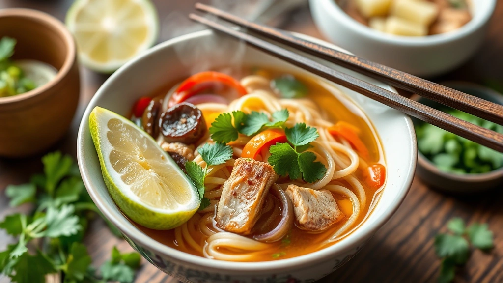 Vibrant Asian noodle bowl with fresh herbs, colorful vegetables, perfectly cooked protein, and aromatic broth steaming, chopsticks resting on bowl rim, traditional bowl presentation with garnish of cilantro and lime wedge, natural daylight