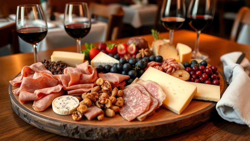 Artfully composed charcuterie and cheese board with variety of cured meats, aged cheeses in different textures, fresh fruits, nuts, and bread slices arranged on wooden surface with wine glasses and cloth napkin, warm restaurant ambiance