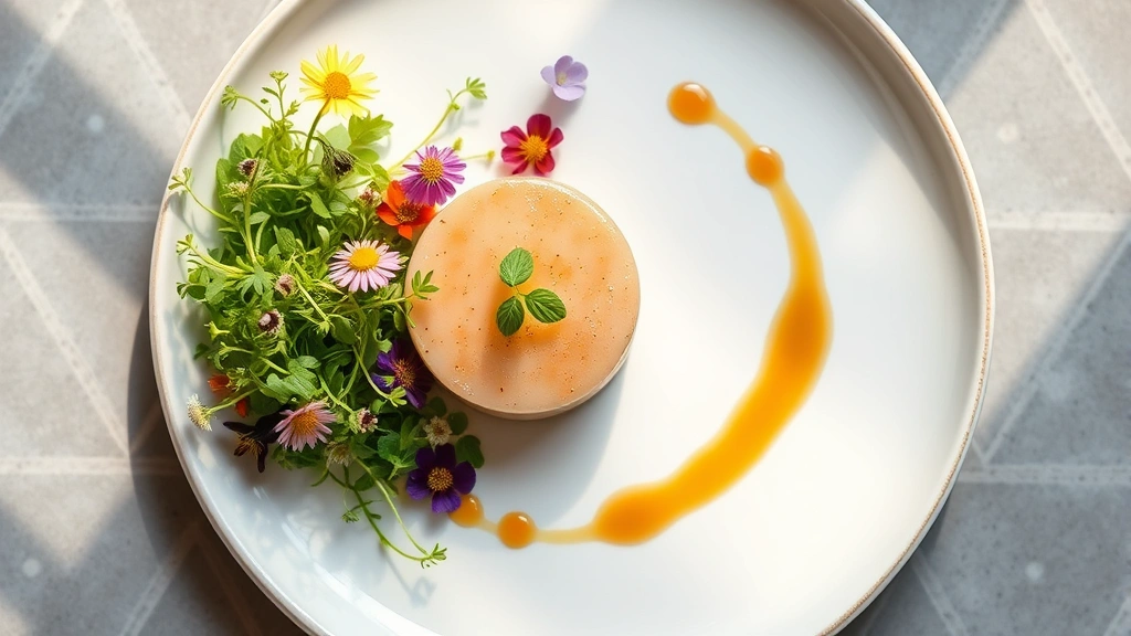Overhead shot of an elegantly plated fine dining dish with microgreens, edible flowers, and artistic sauce swoosh on white ceramic plate, soft natural lighting, minimalist presentation showcasing ingredient quality