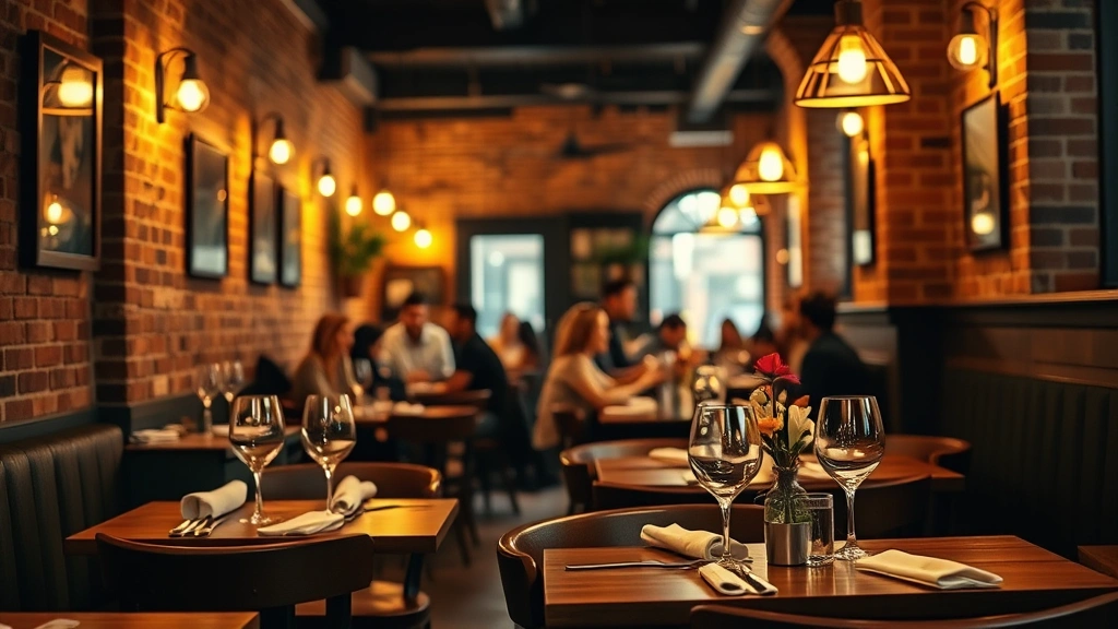 Cozy bistro interior with exposed brick walls, warm pendant lighting, wooden tables set with linen napkins, wine glasses, and fresh flowers, intimate dining atmosphere with diners in background slightly blurred