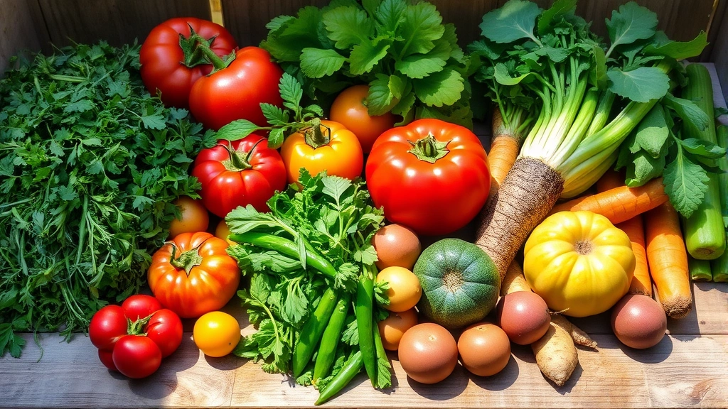 Farm-to-table harvest display featuring vibrant seasonal vegetables—heirloom tomatoes, fresh herbs, root vegetables, and stone fruits—artfully arranged on rustic wooden surface with natural sunlight, showcasing ingredient freshness
