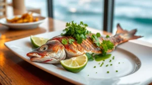 Fresh grilled red snapper with crispy skin and lime wedges on a white plate, coastal restaurant setting with ocean waves blurred in background, garnished with cilantro and microgreens