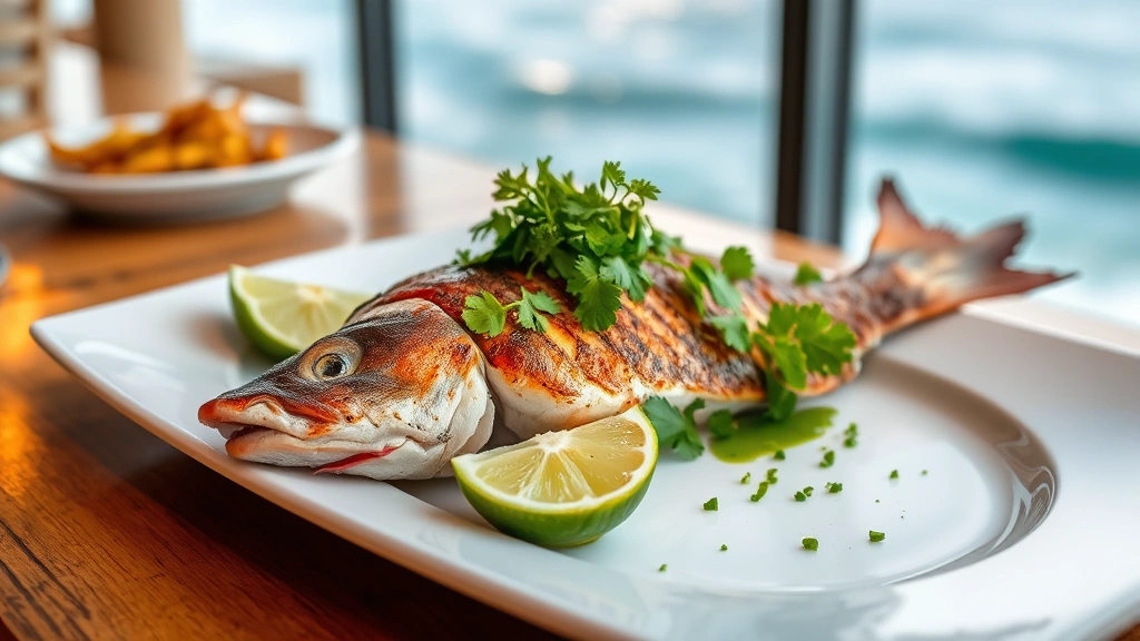 Fresh grilled red snapper with crispy skin and lime wedges on a white plate, coastal restaurant setting with ocean waves blurred in background, garnished with cilantro and microgreens