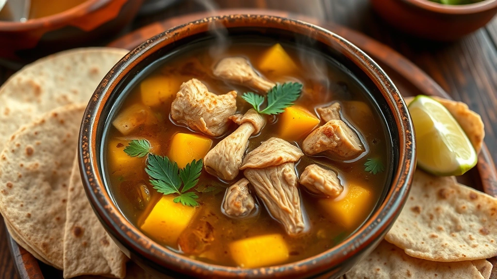 Steaming bowl of traditional sopa de gallina india with tender chicken, plantain pieces, yucca chunks, and rich broth, served with corn tortillas and lime on the side, rustic ceramic bowl
