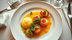 Overhead view of artfully plated seafood dish with seared scallops, microgreens, and vibrant citrus foam on white ceramic plate, fine dining restaurant table setting with linen napkins, soft warm lighting, professional food photography, shallow depth of field