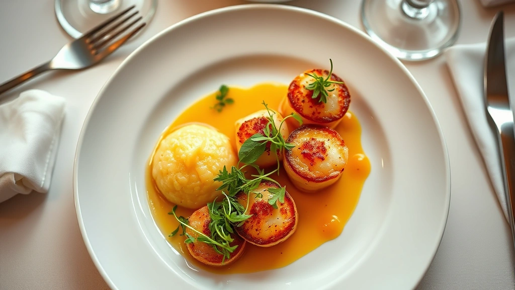Overhead view of artfully plated seafood dish with seared scallops, microgreens, and vibrant citrus foam on white ceramic plate, fine dining restaurant table setting with linen napkins, soft warm lighting, professional food photography, shallow depth of field
