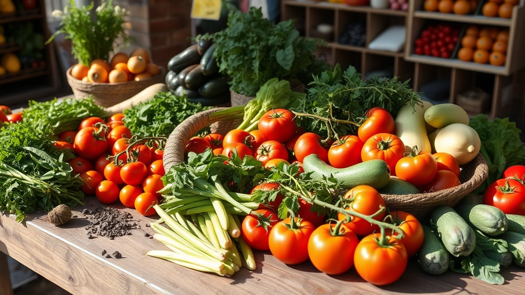 Rustic wooden table laden with farm-fresh vegetables including heirloom tomatoes, fresh herbs, and seasonal produce in natural afternoon sunlight, farmers market aesthetic, vibrant colors, earthy tones, culinary ingredients displayed artfully