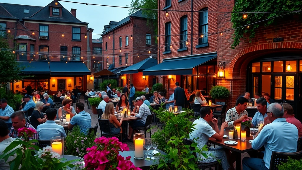 Bustling outdoor patio restaurant with diners seated at candlelit tables surrounded by flowering plants and string lights, brick buildings in background, evening ambiance, social dining atmosphere, architectural charm, warm ambient lighting
