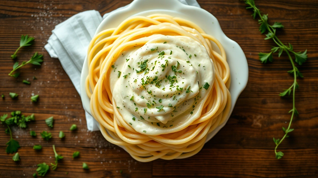 Overhead shot of artisanal handmade pasta with silky cream sauce, fresh herbs scattered, wooden table background, natural lighting, steam rising, culinary perfection