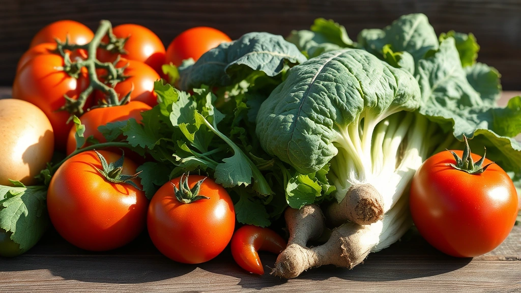 Farm-fresh seasonal vegetables at peak ripeness - heirloom tomatoes, leafy greens, root vegetables arranged on rustic wooden surface, morning dew visible, natural sunlight
