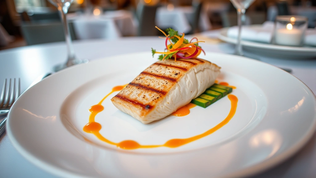 Elegant plated fine dining dish featuring perfectly seared protein with colorful vegetable garnishes, artistic sauce swirls, fine china plate, upscale restaurant ambiance