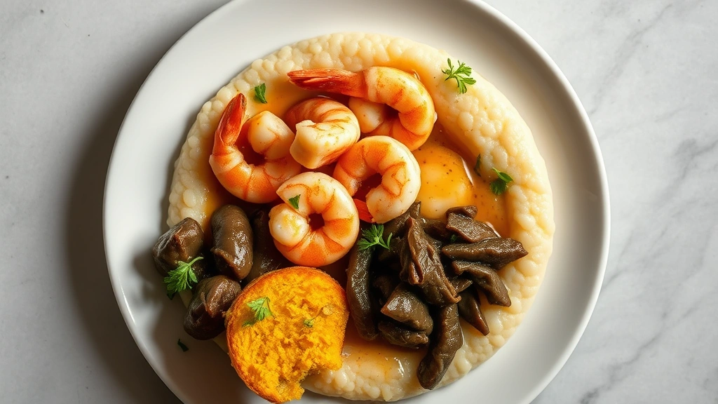 Overhead view of perfectly plated Southern cuisine featuring shrimp and grits with brown butter sauce, collard greens, and golden cornbread on white ceramic plate with subtle garnish of fresh herbs and microgreens