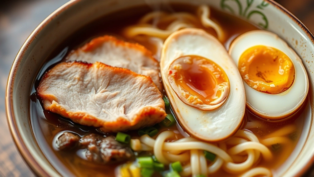 Close-up of artisanal ramen bowl with rich tonkotsu broth, tender chashu pork slices, perfectly soft-boiled egg with jammy yolk, fresh noodles, and garnish of scallions and nori in ceramic bowl with steam rising